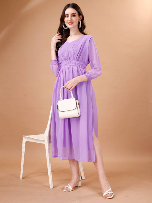 Chic Simplicity: Georgette Calf Length Dress with Elegant Side Slit - thevendorvilla