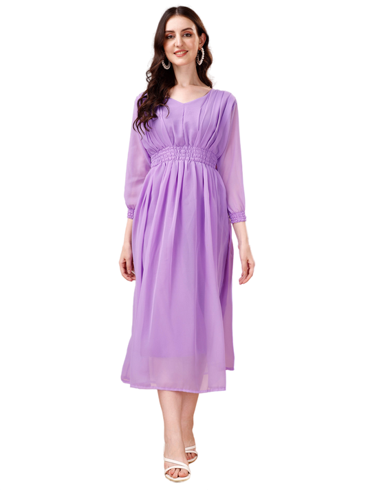 Chic Simplicity: Georgette Calf Length Dress with Elegant Side Slit - thevendorvilla