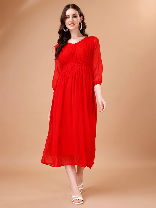 Chic Simplicity: Georgette Calf Length Dress with Elegant Side Slit - thevendorvilla