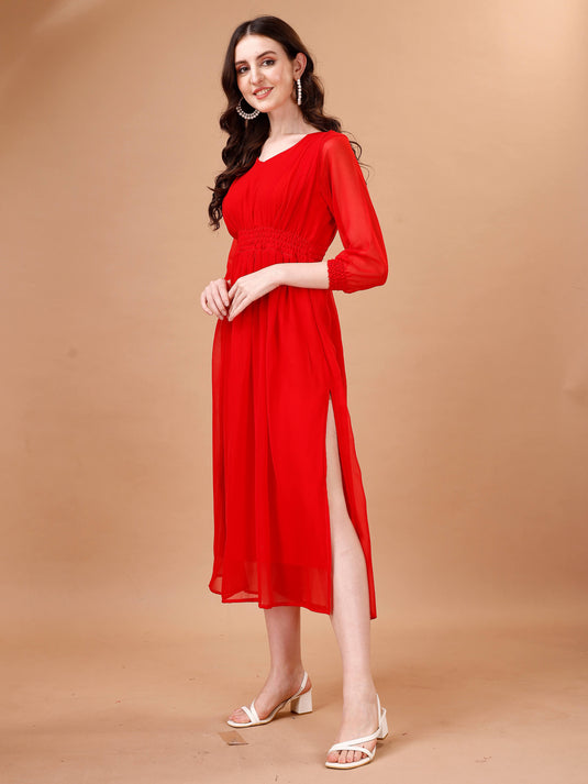 Chic Simplicity: Georgette Calf Length Dress with Elegant Side Slit - thevendorvilla