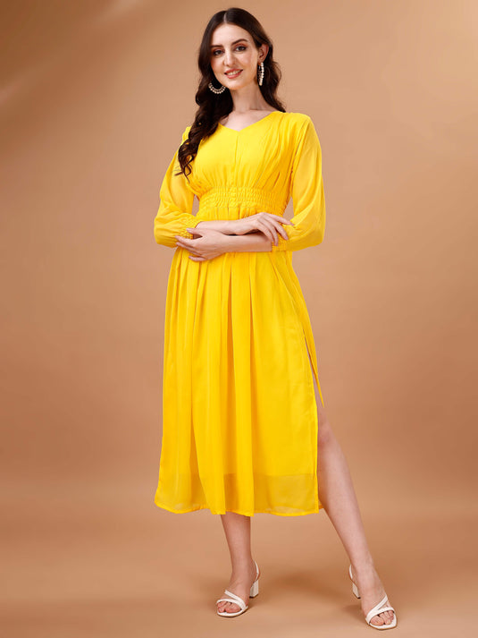 Chic Simplicity: Georgette Calf Length Dress with Elegant Side Slit - thevendorvilla
