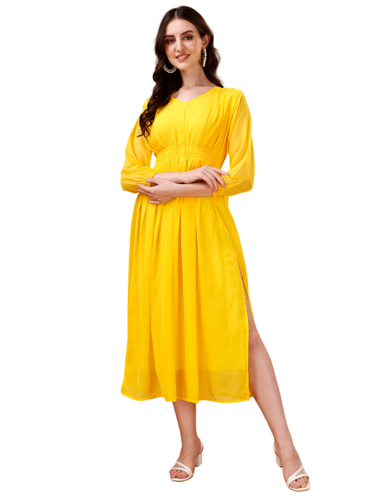 Chic Simplicity: Georgette Calf Length Dress with Elegant Side Slit - thevendorvilla
