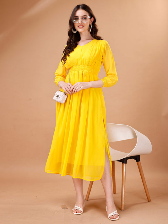 Chic Simplicity: Georgette Calf Length Dress with Elegant Side Slit - thevendorvilla