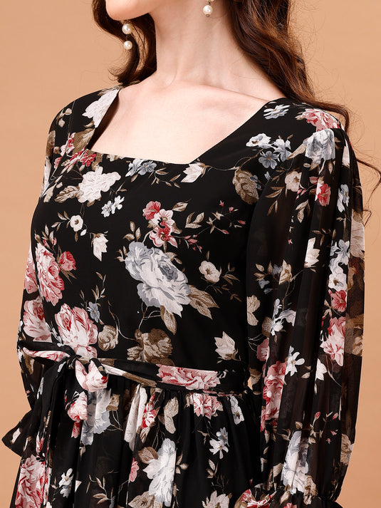 Georgette Floral Calf Length A-Line Dress For Women