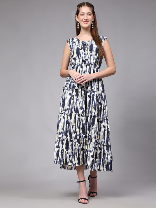 Tie Dyed Rayon Fancy Calf Length A-Line Sleeveless Dress For Women