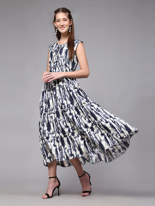 Tie Dyed Rayon Fancy Calf Length A-Line Sleeveless Dress For Women