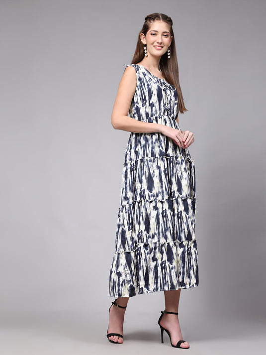 Tie Dyed Rayon Fancy Calf Length A-Line Sleeveless Dress For Women