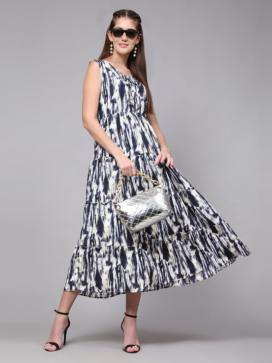 Tie Dyed Rayon Fancy Calf Length A-Line Sleeveless Dress For Women