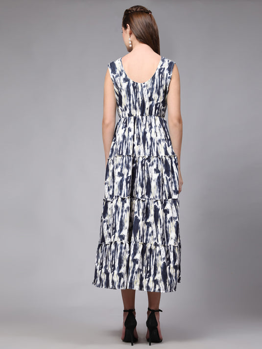 Tie Dyed Rayon Fancy Calf Length A-Line Sleeveless Dress For Women