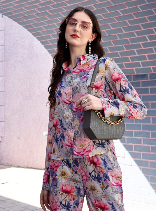 Floral Printed Shirt Style Top With Pant Chinon Co-Ord Set