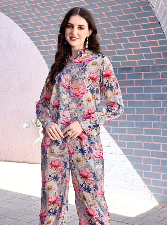 Floral Printed Shirt Style Top With Pant Chinon Co-Ord Set