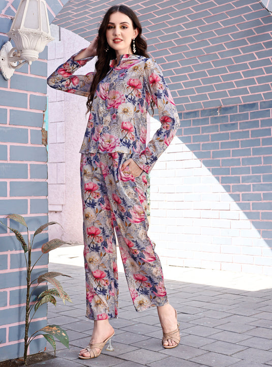 Floral Printed Shirt Style Top With Pant Chinon Co-Ord Set