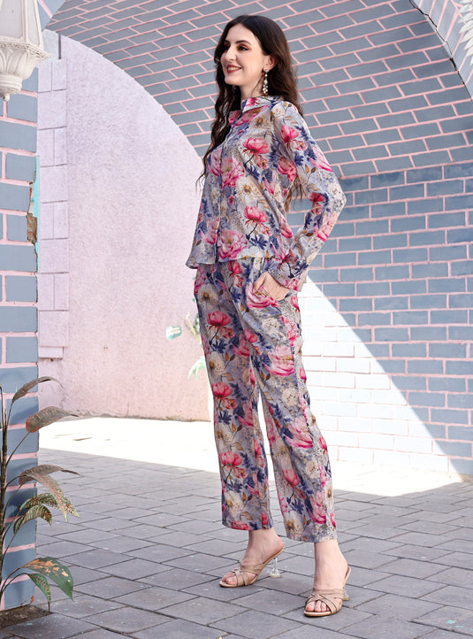 Floral Printed Shirt Style Top With Pant Chinon Co-Ord Set