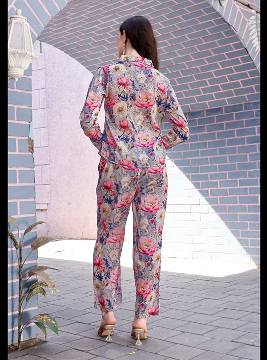 Floral Printed Shirt Style Top With Pant Chinon Co-Ord Set