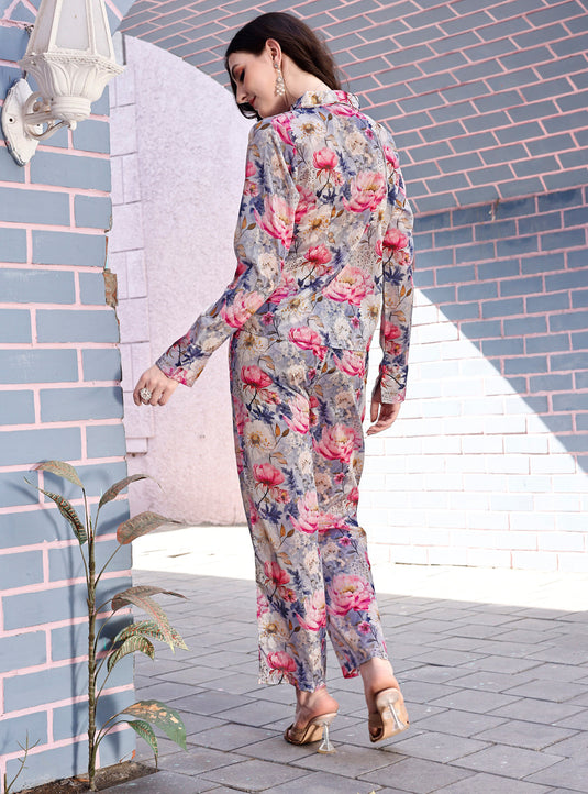 Floral Printed Shirt Style Top With Pant Chinon Co-Ord Set
