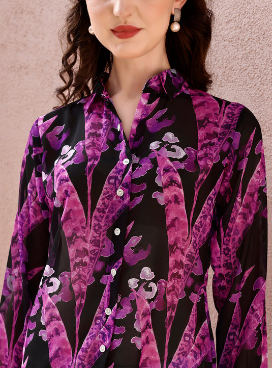 Printed Black Purple Georgette Shirt