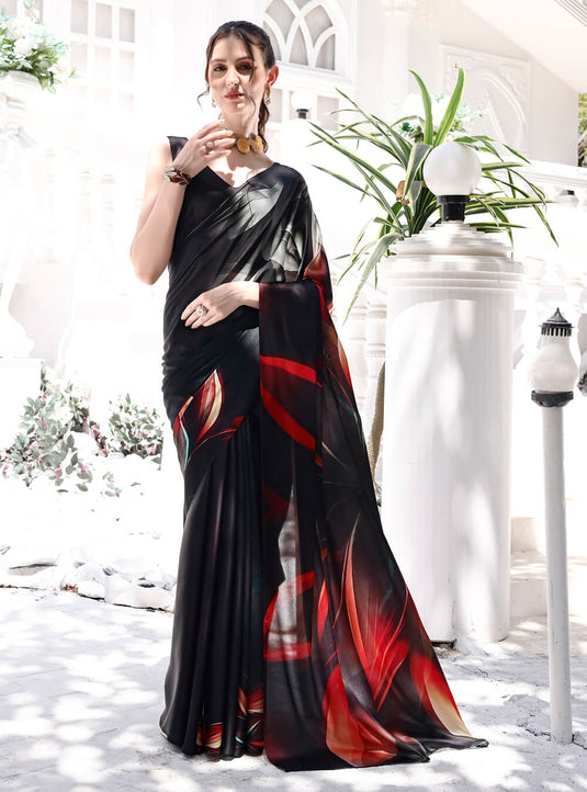 Black Digital Printed Soft Satin Saree