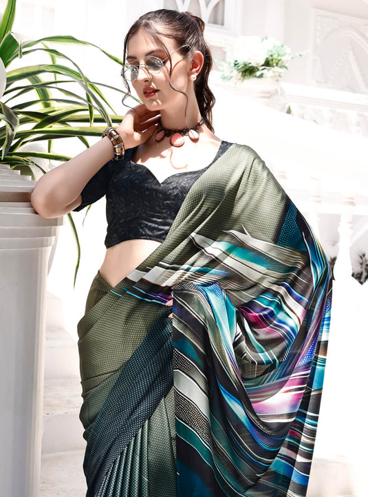 Black Digital Printed Soft Satin Saree