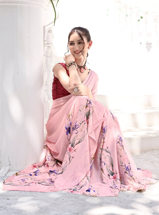 Baby Pink Digital Printed Soft Satin Saree