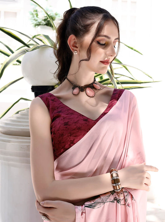 Baby Pink Digital Printed Soft Satin Saree