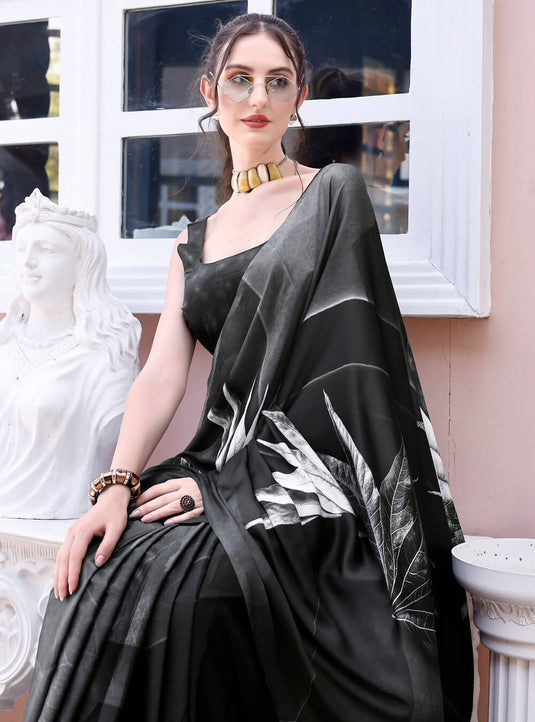 Black Digital Printed Soft Satin Saree
