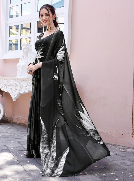 Black Digital Printed Soft Satin Saree