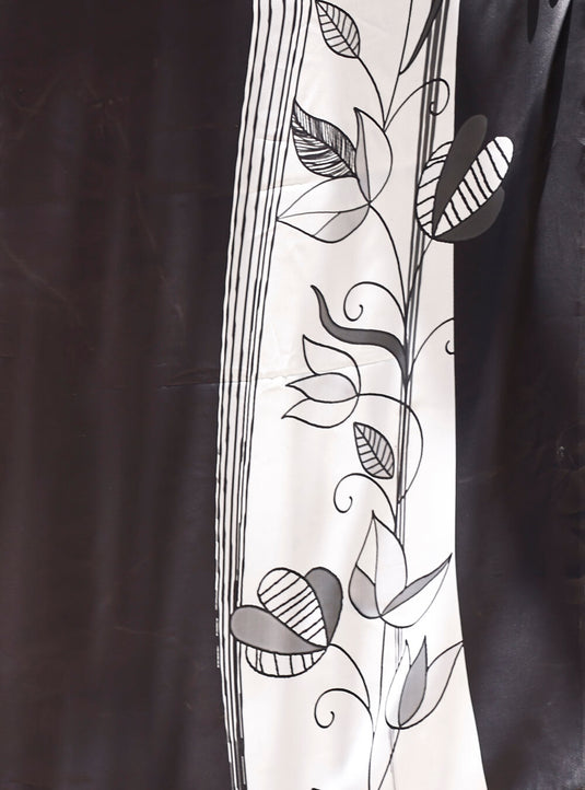 White Black Digital Printed Soft Satin Saree