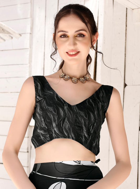 White Black Digital Printed Soft Satin Saree