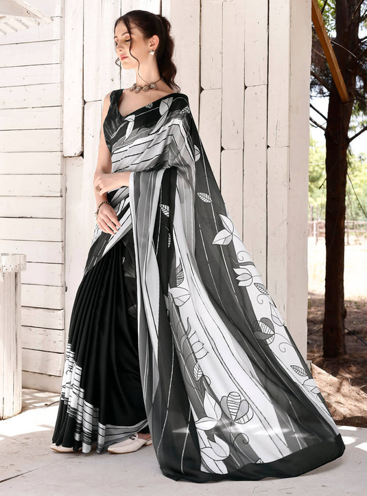 White Black Digital Printed Soft Satin Saree