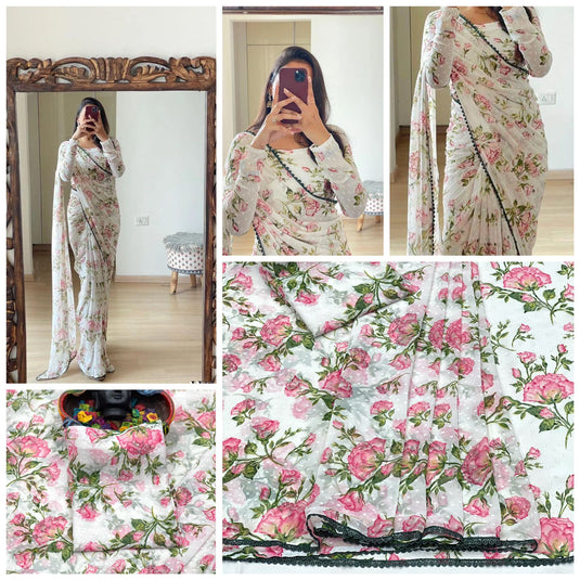 Pure Georgette Floral Printed Ready To Wear Saree