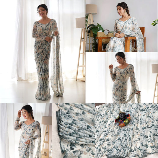 Pure Georgette Floral Printed Ready To Wear Saree - thevendorvilla