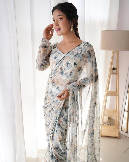 Pure Georgette Floral Printed Ready To Wear Saree - thevendorvilla