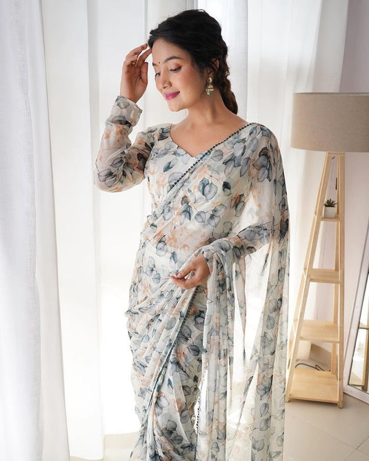 Pure Georgette Floral Printed Ready To Wear Saree - thevendorvilla