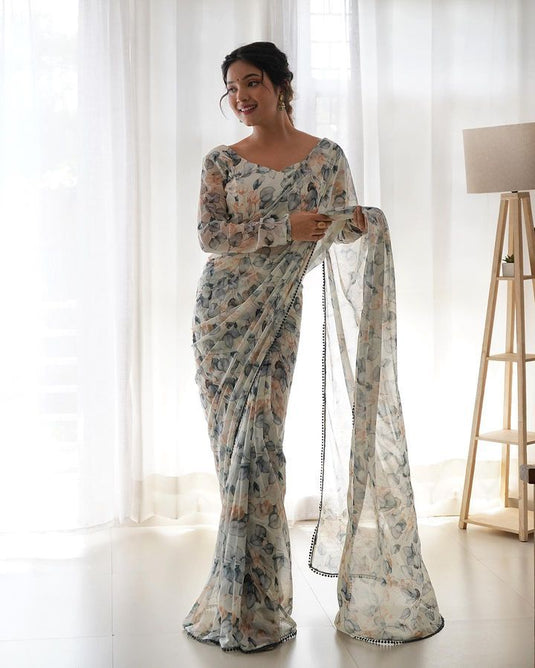 Pure Georgette Floral Printed Ready To Wear Saree - thevendorvilla