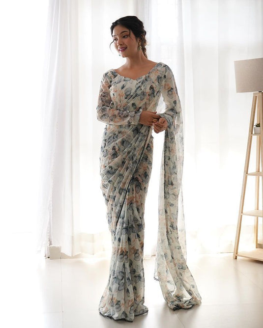 Pure Georgette Floral Printed Ready To Wear Saree - thevendorvilla