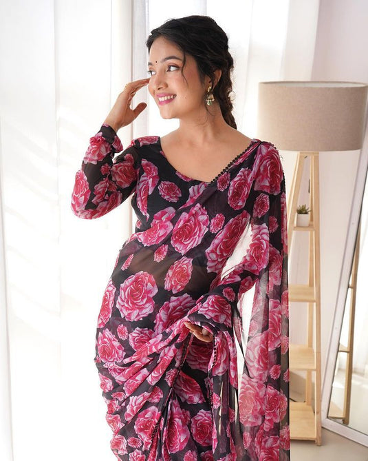 Pure Georgette Floral Printed Ready To Wear Saree - thevendorvilla