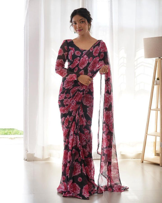 Pure Georgette Floral Printed Ready To Wear Saree - thevendorvilla