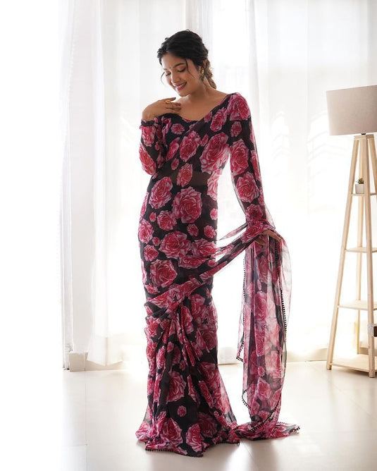 Pure Georgette Floral Printed Ready To Wear Saree - thevendorvilla