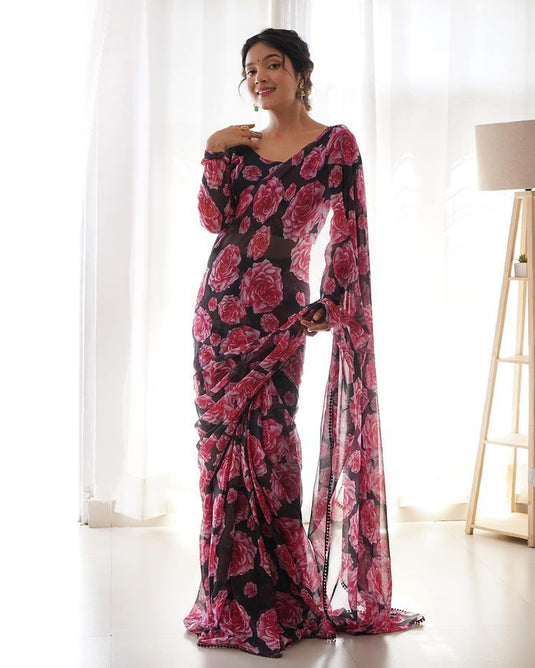 Pure Georgette Floral Printed Ready To Wear Saree - thevendorvilla