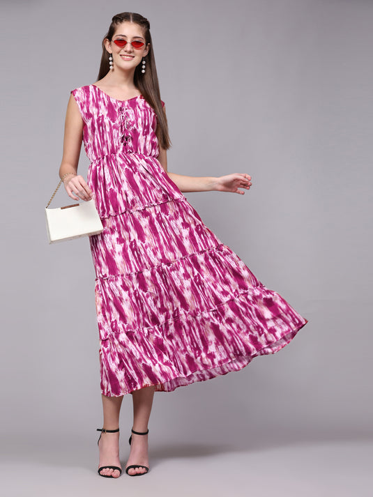 Tie Dyed Rayon Fancy Calf Length A-Line Sleeveless Dress For Women