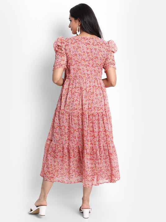 The Vendor Villa Printed Georgette Fancy Calf Length Dress For Women - thevendorvilla
