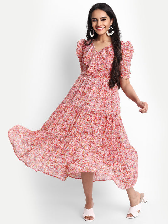 The Vendor Villa Printed Georgette Fancy Calf Length Dress For Women - thevendorvilla