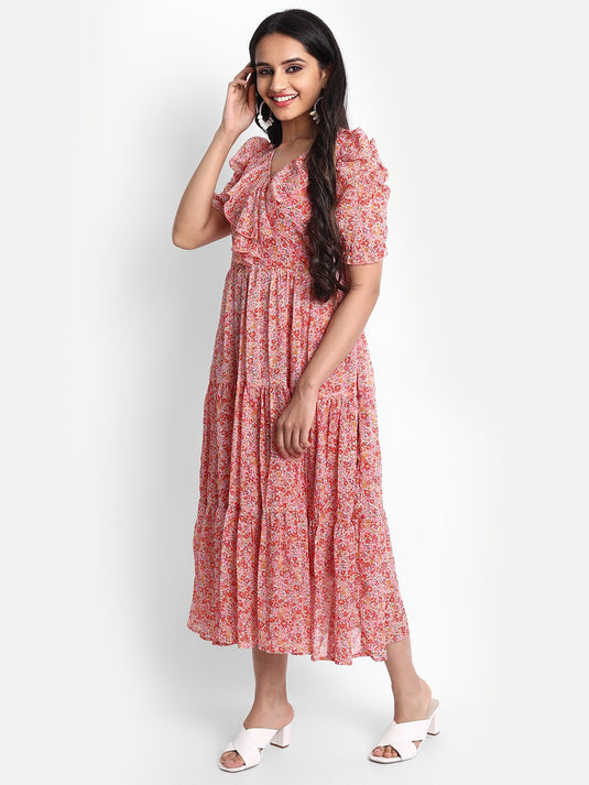 The Vendor Villa Printed Georgette Fancy Calf Length Dress For Women - thevendorvilla