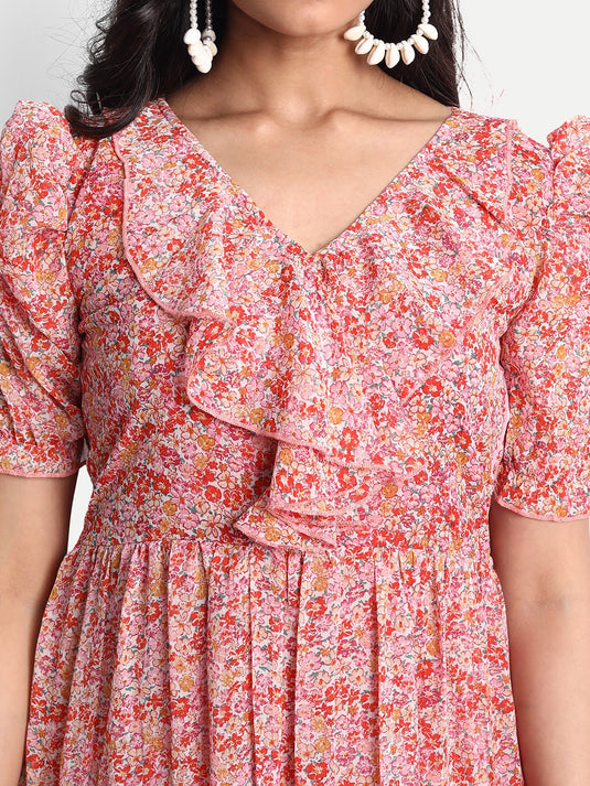 The Vendor Villa Printed Georgette Fancy Calf Length Dress For Women - thevendorvilla