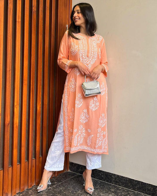 New Exclusive Rayon Chickenkari Embroidered Kurti Design