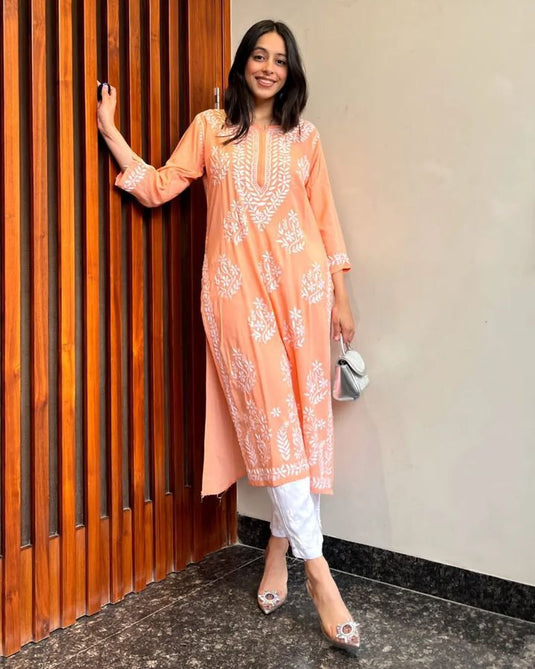 New Exclusive Rayon Chickenkari Embroidered Kurti Design