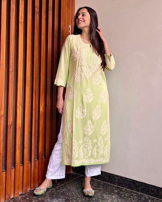 New Exclusive Rayon Chickenkari Embroidered Kurti Design