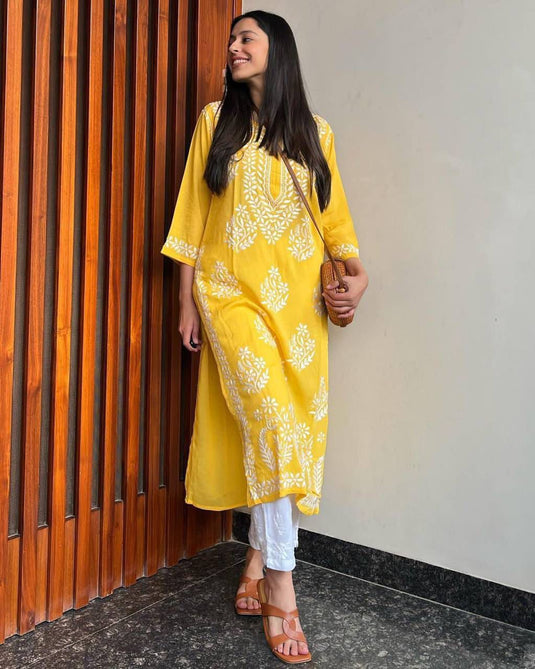 New Exclusive Rayon Chickenkari Embroidered Kurti Design
