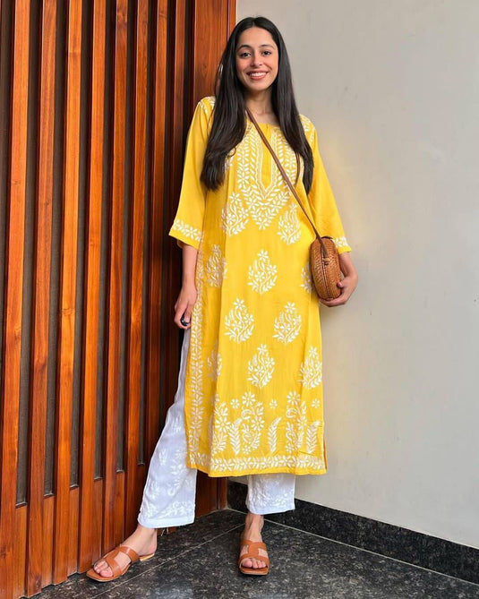 New Exclusive Rayon Chickenkari Embroidered Kurti Design