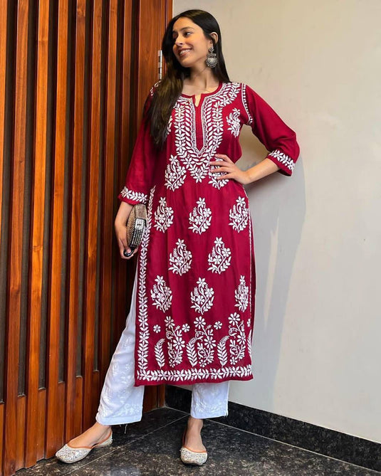 New Exclusive Rayon Chickenkari Embroidered Kurti Design